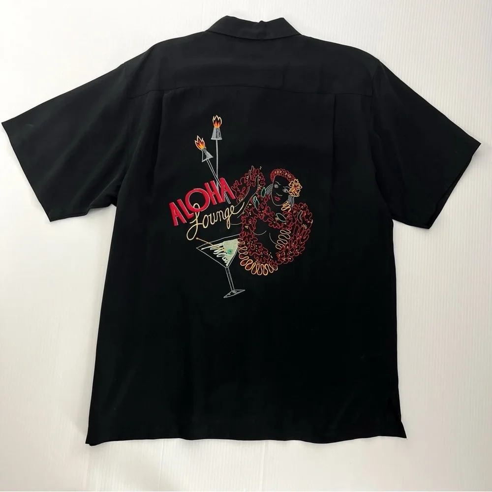 Kahala Hawaiian Islands Black Aloha Lounge Silk Button Down Shirt Top